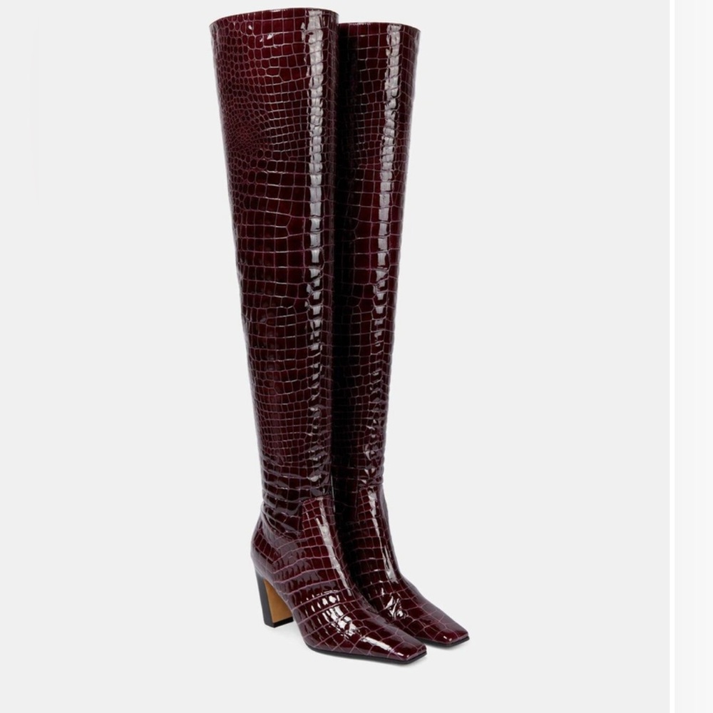 KHAITE Burgundy Croc-Embossed Over the Knee Boots
